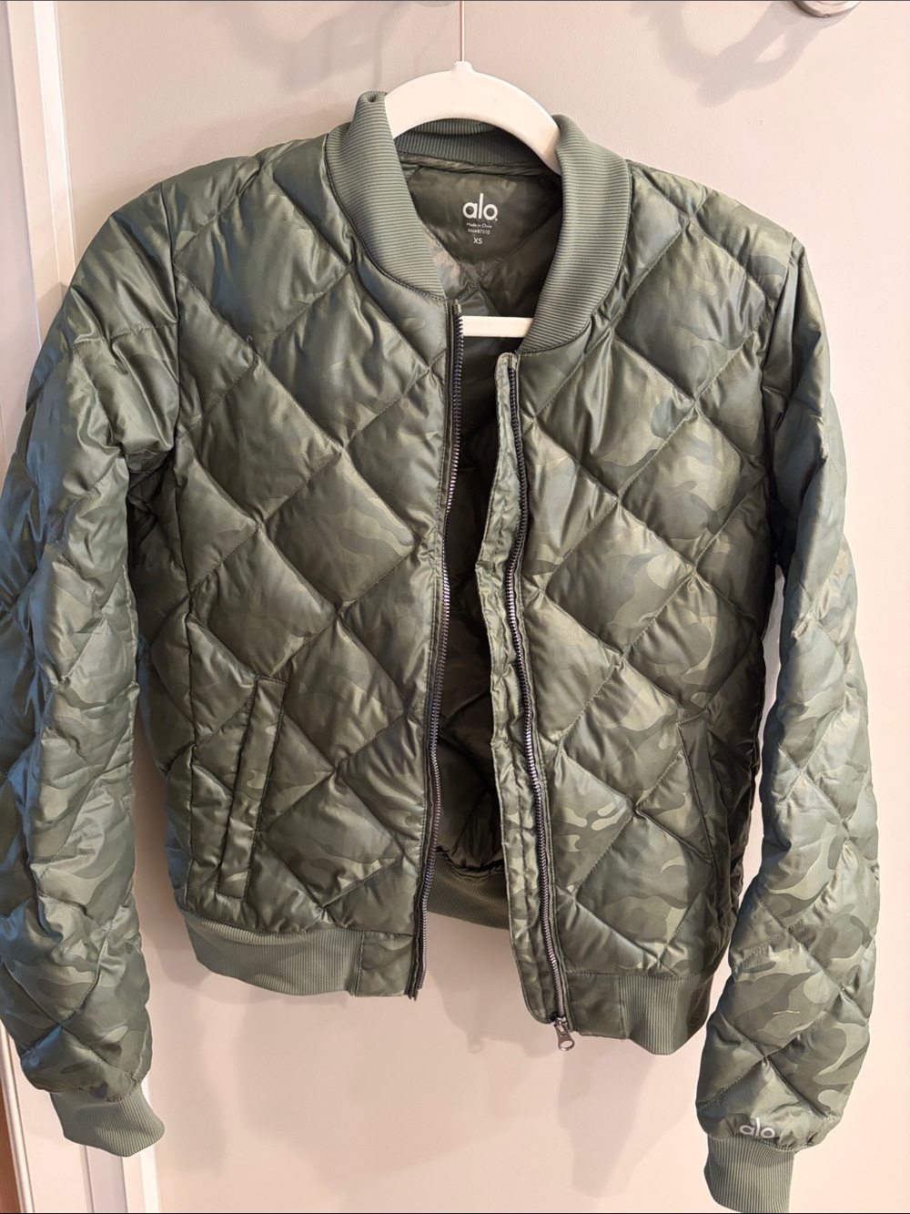 ALO Yoga Quilted Camo-Style Bomber Jacket in Olive